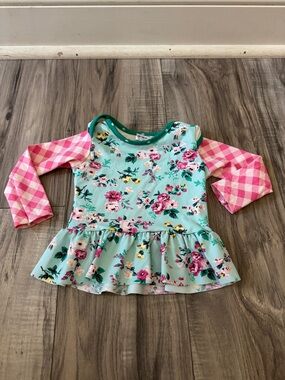 Ricrac&Ruffles Mint Floral Peplum Top with Pink Gingham Sleeves Swim top 3/6